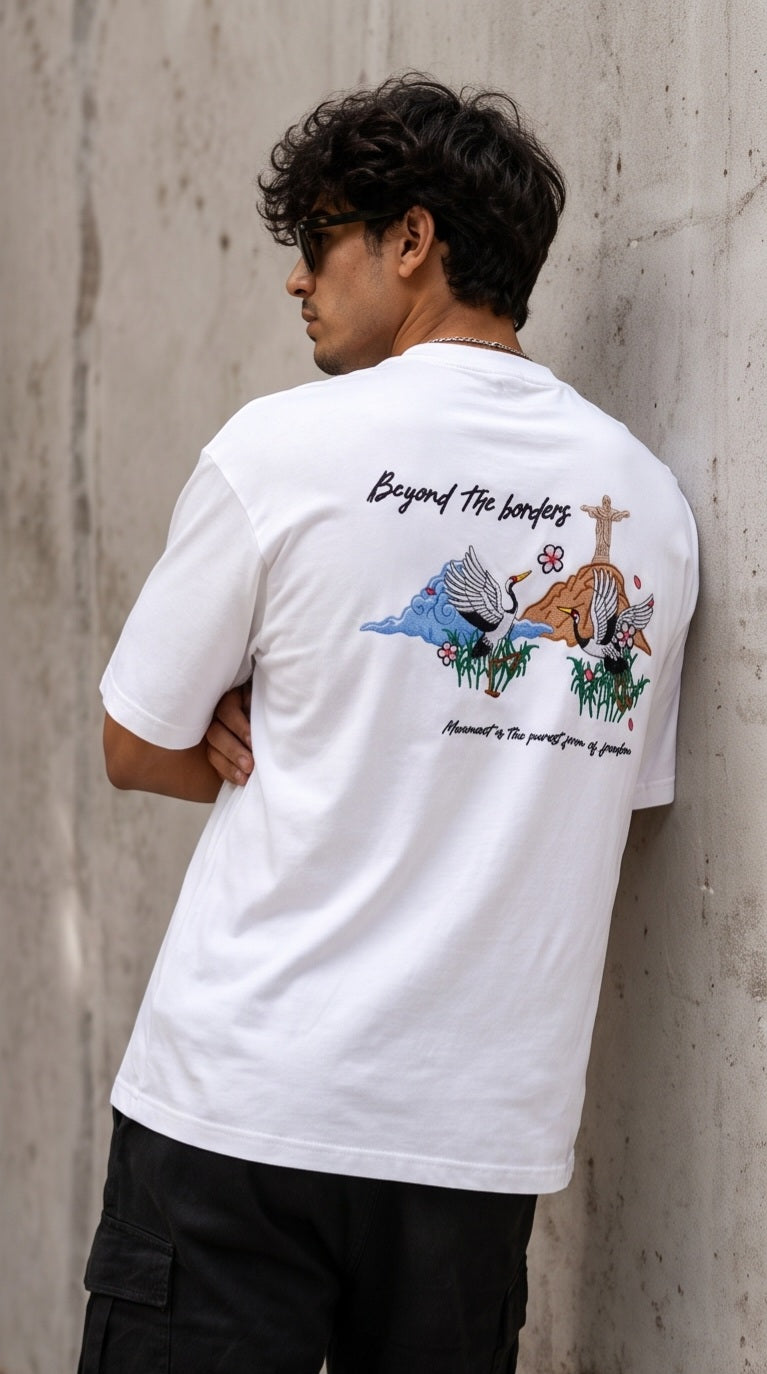 Oversized embroidered japanese swans t-shirt