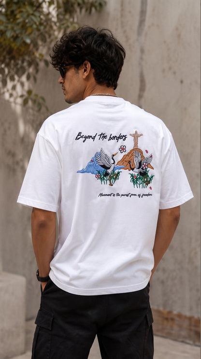 Oversized embroidered japanese swans t-shirt