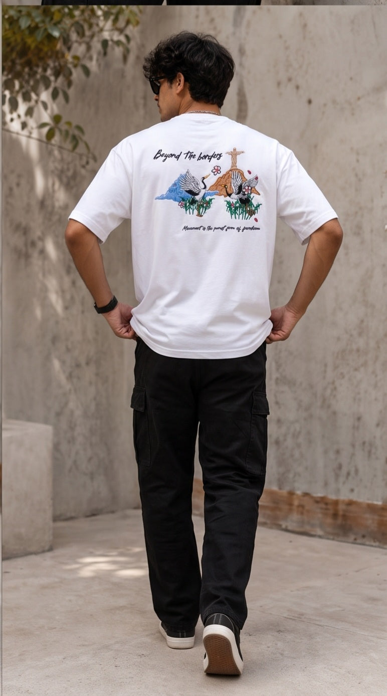 Oversized embroidered japanese swans t-shirt