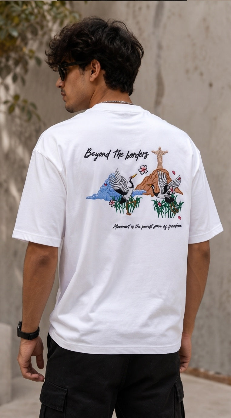 Oversized embroidered japanese swans t-shirt