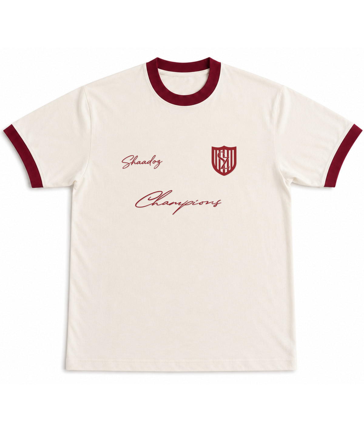 Off White & Maroon Ringer tee Front Design