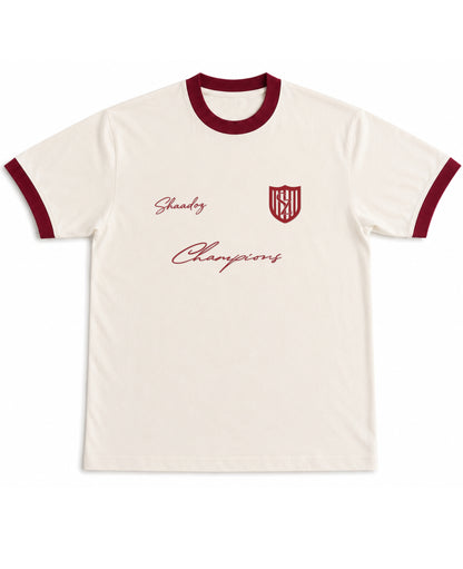Off White & Maroon Ringer tee Front Design