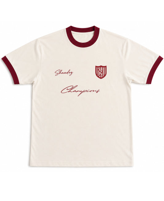 Off White & Maroon Ringer tee Front Design